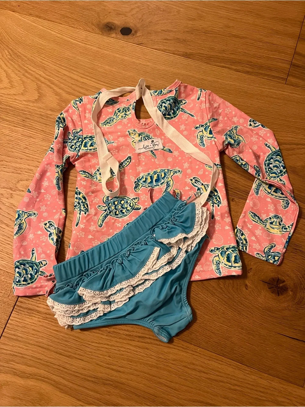 Kids Pink Turtle Print Swim Set with Blue Bottoms